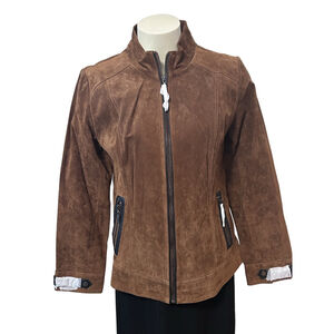 Dennis Basso Brown Suede Leather Jacket M Zip Front Black Trim Designer Outerwea